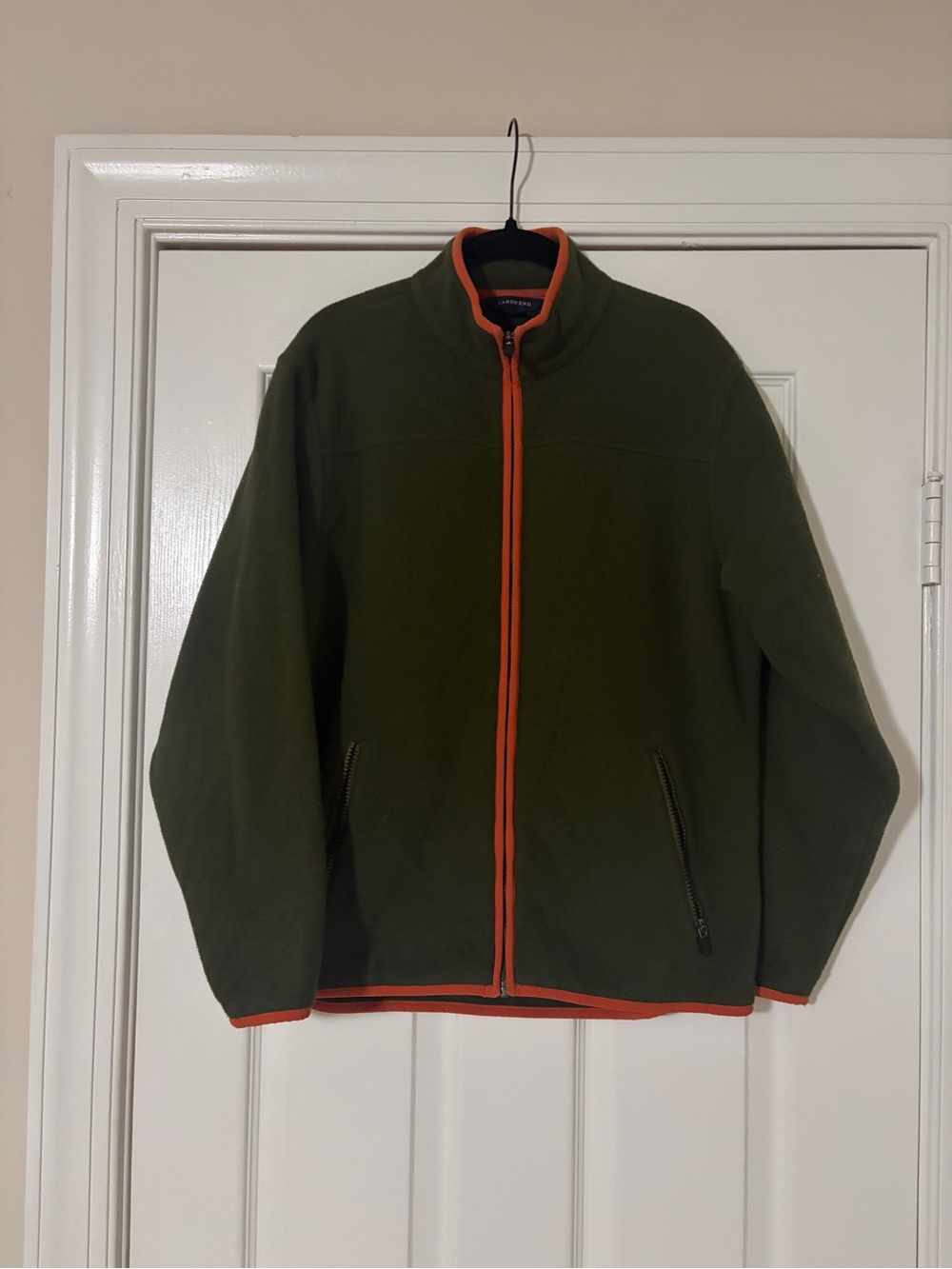 Olive Green Full-Zip Fleece Sweater with Orange Trim